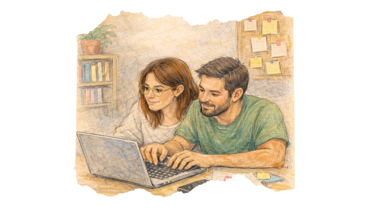 Illustration d’un accompagnement en ghostwriting, où les idées sont clarifiées, structurées et mises en mots à deux, pour produire une communication fidèle à la voix de l’entrepreneur.