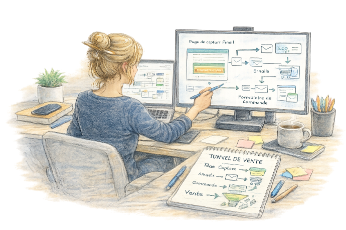 Un tunnel de vente, ce n’est pas vendre plus fort. C’est guider clairement, étape par étape, sans laisser place au flou ou à l’oubli. Illustration de la création d’un tunnel de vente et de systèmes digitaux structurés, reliant pages, formulaires et automatisations pour guider le parcours client et sécuriser chaque étape.