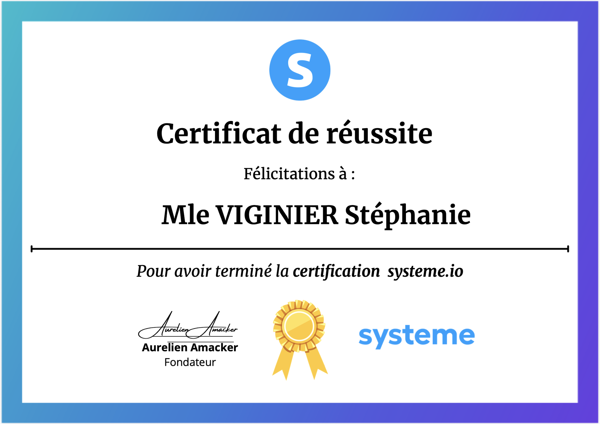 Certification systéme io pour Stéphanie Viginier
