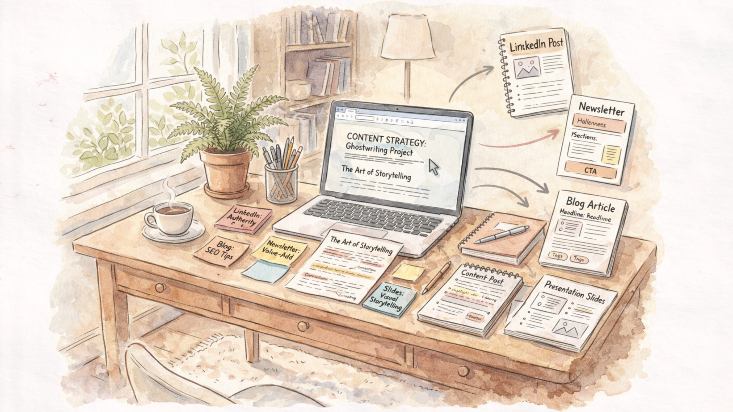 Illustration de stratégie de contenu pour entrepreneur : structuration, rédaction, newsletter et publications LinkedIn dans un environnement de travail organisé