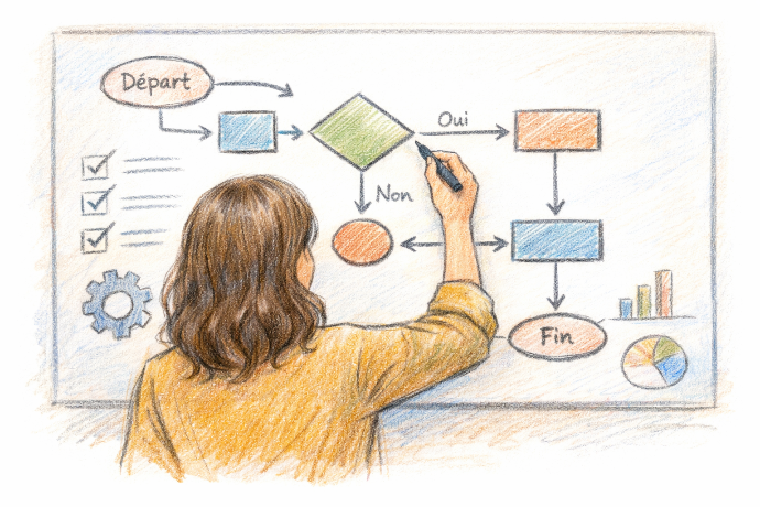 Illustration de la création de process internes clairs et structurés pour optimiser l’organisation, sécuriser les opérations et soutenir la croissance de l’entreprise.