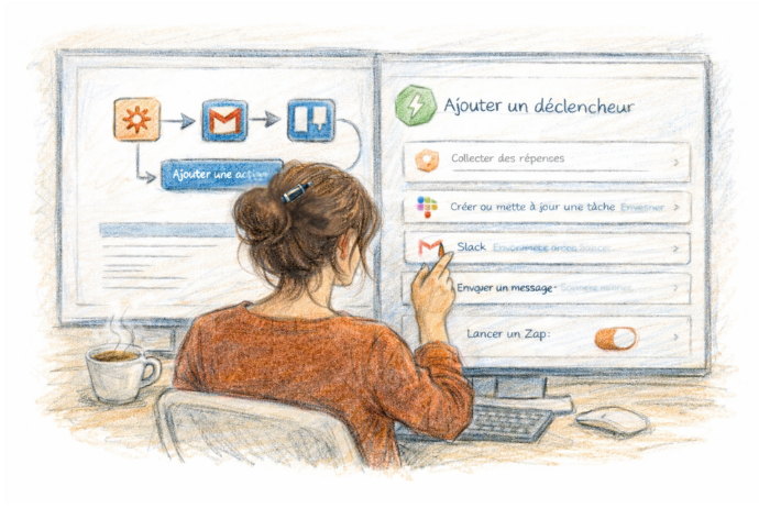 Illustration de la mise en place d’automatisations no-code pour fluidifier les tâches répétitives, connecter les outils et gagner du temps sans complexifier l’organisation.