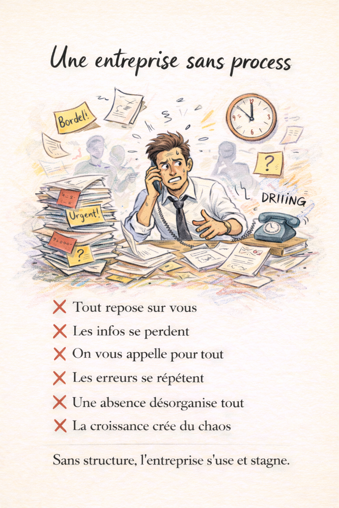 Illustration représentant une entreprise sans process, où le manque de structure entraîne surcharge mentale, pertes d’informations, erreurs répétées et désorganisation freinant la croissance.