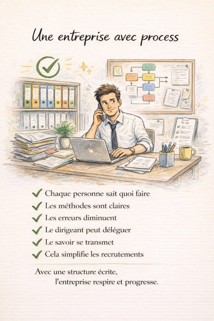 Des process clairs permettent à l’entreprise de fonctionner sereinement, même quand le dirigeant n’est pas en première ligne. Illustration d’une entreprise avec des process clairs et structurés, permettant une organisation fluide, une délégation efficace, la transmission du savoir et une croissance maîtrisée.